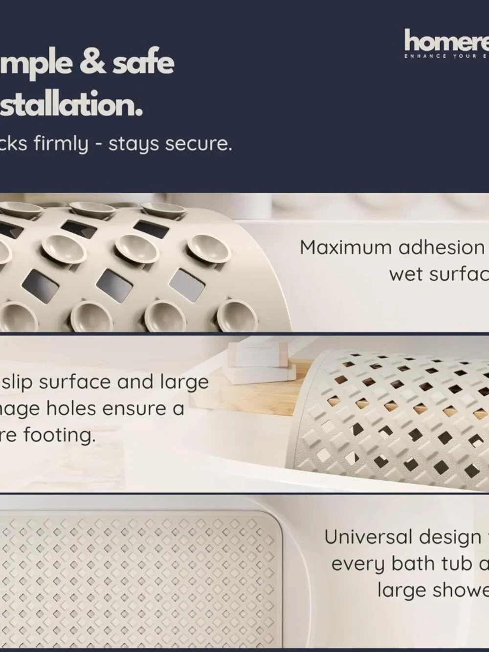 Extra Long Non-Slip Shower Mat 35x16 - Mold Resistant & Includes Drying Hooks